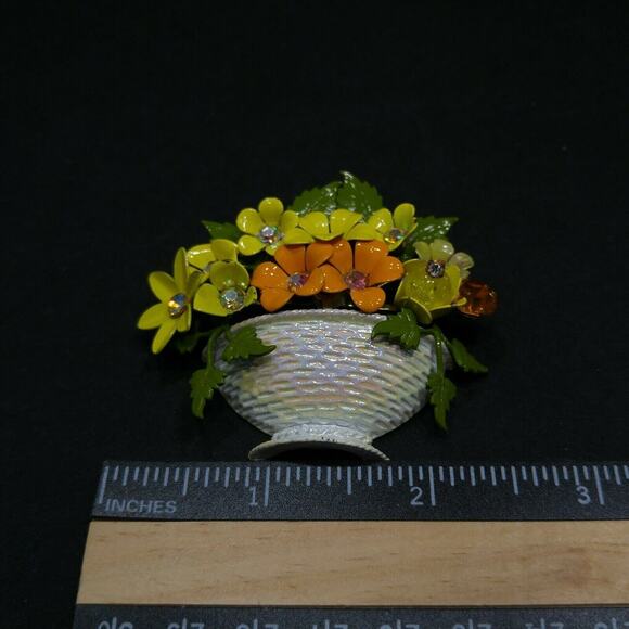Vintage Enamel Flower Basket Brooch, Rhinestone Centers, 1960s, 2 1/2 Inches - Picture 6 of 10